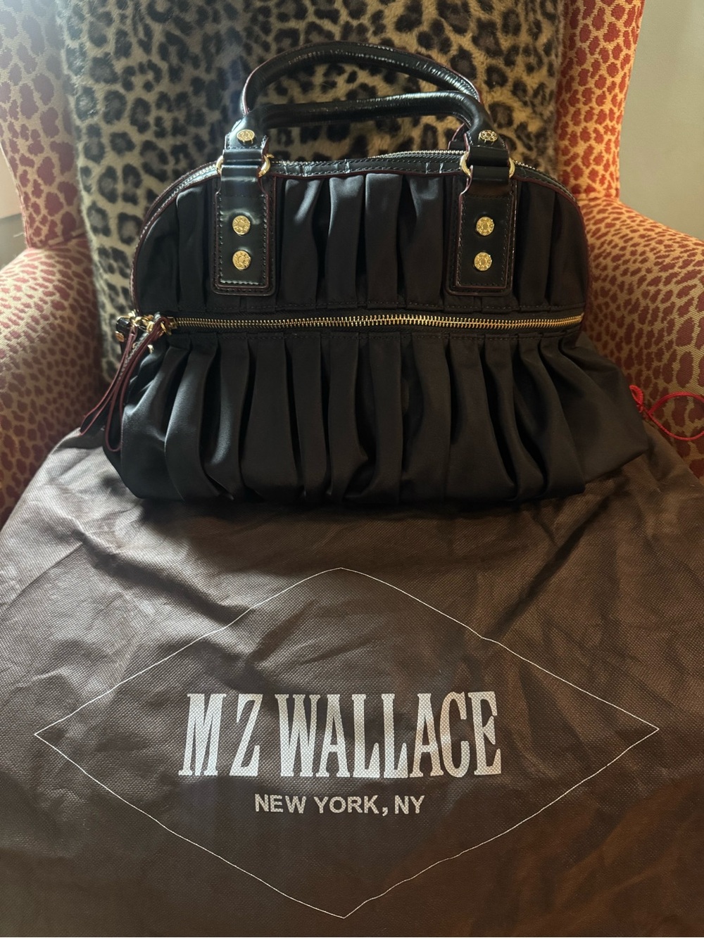 MZ Wallace Black Gathered Nylon Top-Handle Satchel with Gold Hardware